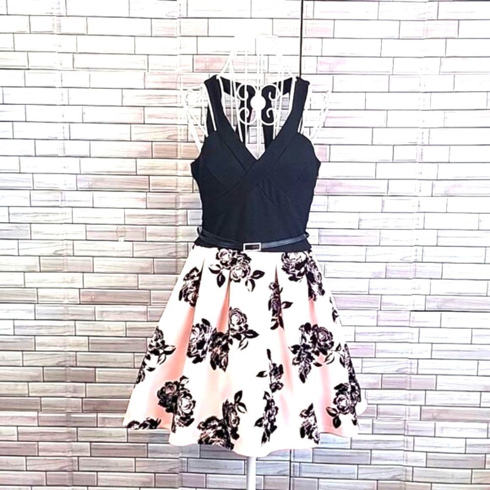 Crystal Doll party dress pink and black roses fit and flare Size 5